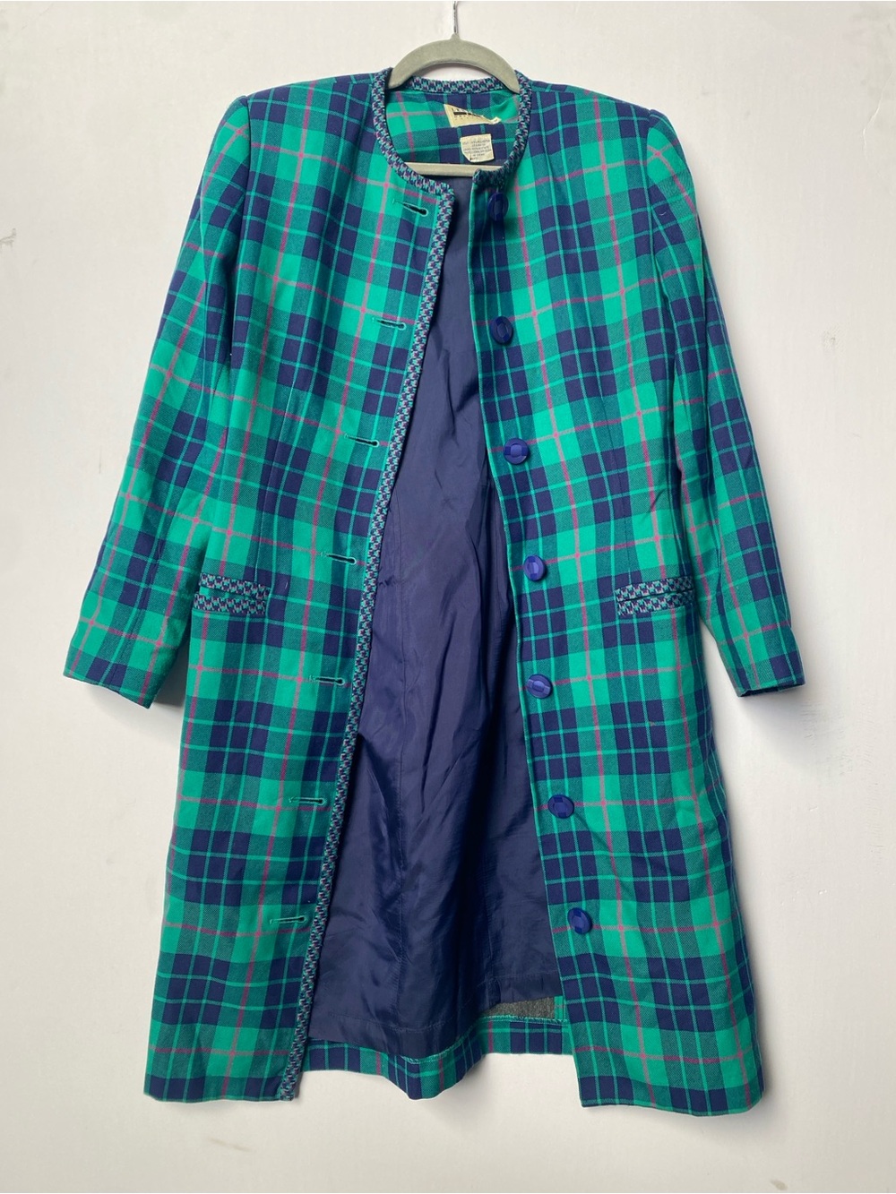 Leslie Fay Green & Navy Plaid Long Coat
